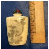 Antique Chinese bone snuff bottle w/incised fish