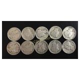 (10) Mercury dimes, 1923-1954, 90% Silver