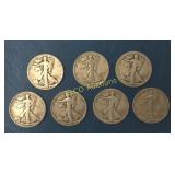 (7) 1934-1940 Walking Liberty Halves, 90% Silver
