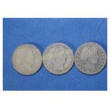 (3) Barber Half Dollars, 1906, 1911S, & 1915S, 90%