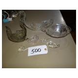 Assorted glass swan dishes and figures