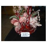 Burgundy ceramic swan planter w/ artificial flower