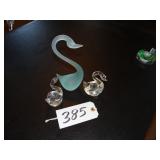 Frosted blue and two clear glass swan figures