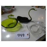 Three art glass swan dishes, one clear, two green