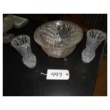 Two cut glass crystal vases and heavy footed cente