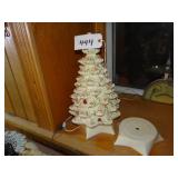 White ceramic Christmas tree, lighted, most orname
