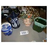 Ceramic teapot, vase, sea shells, blue leaf canist