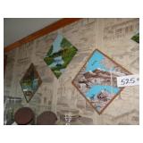 Five hand-painted mirror tiles - swans, deer, wate