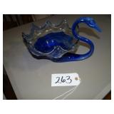 Blue stretch art glass swan dish