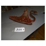 Amber stretch art glass swan dish