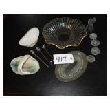 German handled tray, assorted glass salt dips, dri