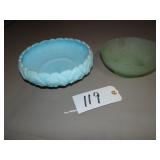 Blue Fenton bowl, other green vintage bowl