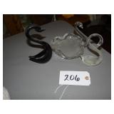 Three art glass swan figurines, two are solid glas