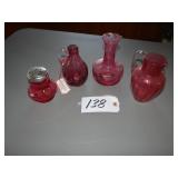Cranberry glass shaker, pitcher, vases