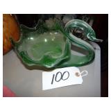 Green art glass swan dish