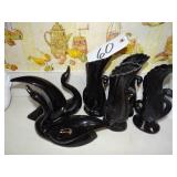 Vintage black ceramic swan vases and figurines