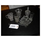 Assorted clear glass, creamer, C-mas and covered d