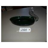 Green art glass swan dish