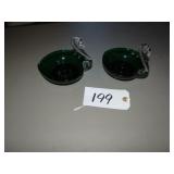 Two green art glass swan candle holders