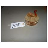 Jeanette amber glass swan covered dish
