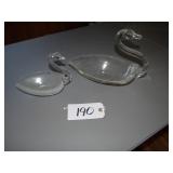 Two pcs art glass swan dishes