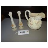 Two Fenton bud vases and floral ceramic pitcher