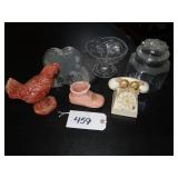 Assorted glass and ceramic figures, chicken shaker