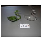 Two art glass swan dishes, green and clear