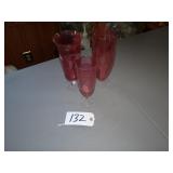 Three cranberry etched glass vases