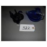 Two cobalt and blue art glass swan dishes