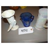 Shirley Temple pitcher hob nail milk glass, irides