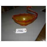 Amber stretch art glass swan dish