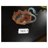 Stretch art glass swan dish - orange blue