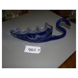Stretch art glass swan dish - blue
