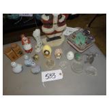 Assorted Christmas dï¿½cor, salt dips, shakers, glas