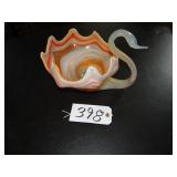 Stretch art glass swan dish - white orange