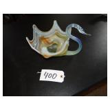 Stretch art glass swan dish - blue, yellow, red