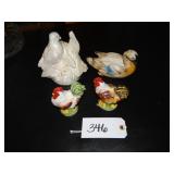 Chicken shakers, duck planter, ceramic dove figuri