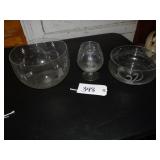 Etched swan bowl, brandy snifter, other etched bow