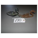 Two stretch art glass swan dishes