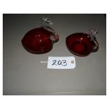 Two red art glass swan dishes