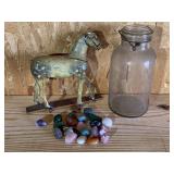 Jar of Colorful Smooth Stones & Antique Horse