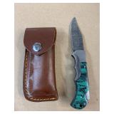 Handmade Spring assisted Damascus Knife with Sheat