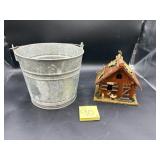 Metal Bucket with Wooden Barn