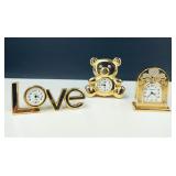 3 Mini Gold Brass Clocks