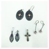 Vintage 925 Silver Earrings & Cross Pendant