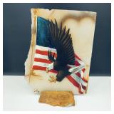 Hand Painted Eagle & American Flag on Stone Signed