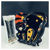 Halloween Cat Platter & Vtg Cat Candles