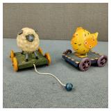 VTG Metal & Wood Folk Art Chick Lamb Pull Toys