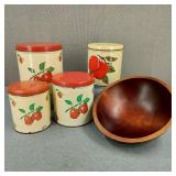 VTG Decoware Apple Tins & Solid Wood Serving Bowl